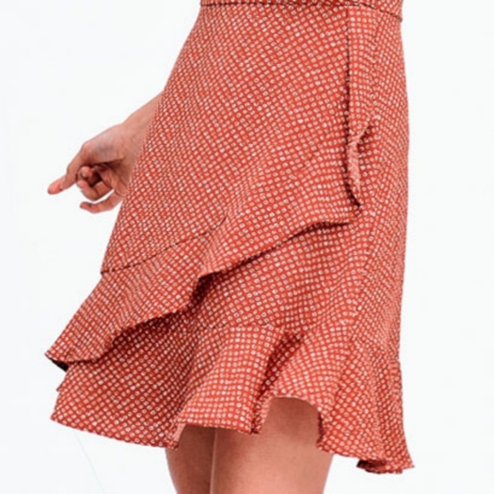 Rust Retro Ruffles Faux Wrap Racer Back Cute Dress - Picture 7 of 8